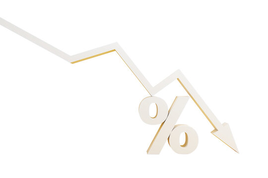 White percentage symbol with a downward-pointing arrow indicating a decline, set against a white background. Concept of financial decrease. 3D Rendering