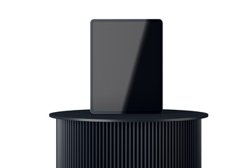 Poster - A digital tablet displayed on a dark, ribbed pedestal in front view. Isolated on a white background. Concept of technology and modern design. 3D Rendering