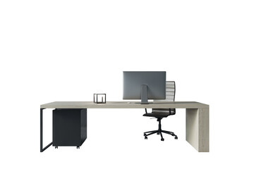 Poster - Modern office desk setup featuring a computer, chair, and lamp. Isolated on a white background. Concept of office furniture and workspace design. 3D Rendering