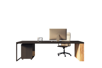 Aufkleber - Modern office desk setup with a computer monitor and ergonomic chair, isolated on a white background. Concept of workspace and office design. 3D Rendering