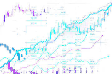 Sticker - Financial graphs and candlestick charts in blue and purple colors displayed on a white background. Concept of data analysis, trading, and market trends. 3D Rendering