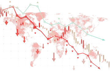 Poster - A financial crisis chart with a global map, red downward arrows, and trend lines on a white background. Concept of market decline. 3D Rendering