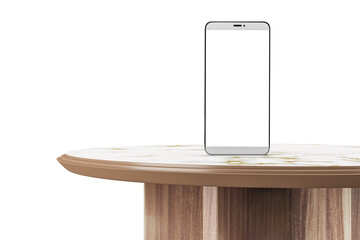 Poster - Modern smartphone with a blank screen displayed on a marble table. Isolated on a white background. Concept of technology and product display. 3D Rendering