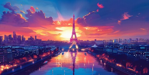 urban landscape illustration of eiffel tower and seine river in paris, france under sunset