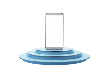 Aufkleber - Smartphone displayed on a blue multi-tiered podium, isolated on a white background. Modern technology concept. 3D Rendering