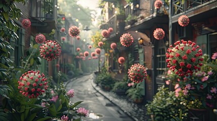 A street scene with red flowers and red and pink balloons