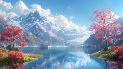 Poster - Majestic Alpine Landscape with Serene Lake and Vibrant Autumn Foliage