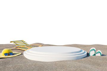 Poster - A beach scene with a platform, yellow deck chair, hat with sunglasses, and flip-flops on sand. Isolated on a white background. Concept of summer vacation. 3D Rendering