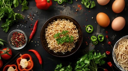 Poster - A bowl of instant noodles sits in the center of a kitchen table, surrounded by fresh ingredients like herbs, peppers, eggs, and vegetables. Generative AI