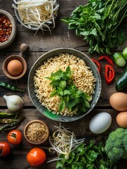 Poster - A bowl of instant noodles topped with fresh herbs and vegetables, surrounded by additional ingredients like bean sprouts, peppers, and eggs. Generative AI