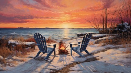 Poster - two chairs in the snow with fire pit