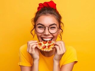 a woman eating a slice of pizza