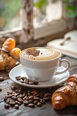 Wall Mural - close up cup of coffee and croissant. Selective focus