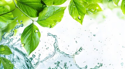 Herbal drink wave splash with mint leaves and water flow. Menthol, peppermint, match tea green foliage. Vector organic beverage 3d advertising with realistic leaves in aqua and splatters