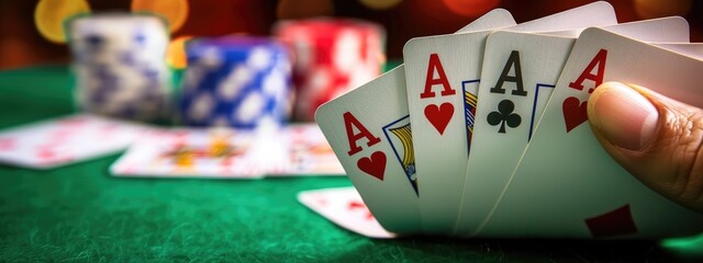 close up of cards in hands playing poker. Selective focus