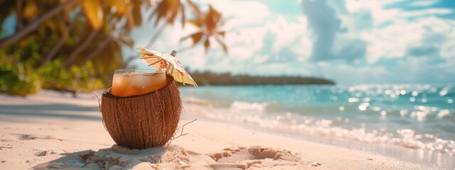 Wall Mural - close-up of a cocktail in a coconut on a beach background. Selective focus