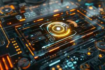 Fototapete - A modern circuit board with a holographic interface displaying real-time data and schematics
