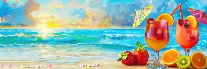 Aufkleber - Two refreshing cocktails garnished with fruit and cocktail umbrellas sit on a beach with blue waves and a vibrant sunset in the background. Generative AI