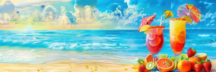 Aufkleber - Two colorful cocktails garnished with fruits and umbrellas sit on a beach with blue ocean waves in the background. Generative AI