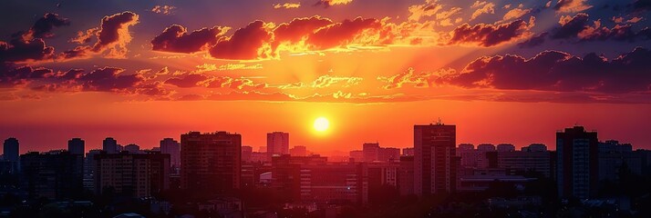 Wall Mural - Fiery Sunset Over City Skyline Photo