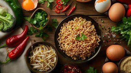 Poster - A bowl of cooked instant noodles surrounded by fresh herbs, peppers, eggs, and vegetables on a wooden kitchen table. Generative AI