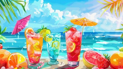 Aufkleber - Three tropical cocktails with fruit garnishes and umbrellas on a beach, with an ocean and blue sky in the background. Generative AI