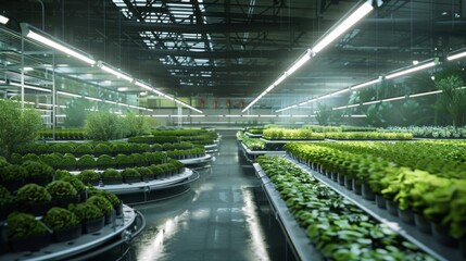 Poster - Rows of lush green plants are cultivated under bright, fluorescent lights in a modern hydroponic garden.
