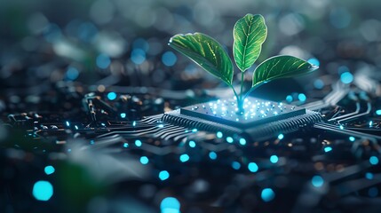 Poster - Bioluminescent plant emerging from a computer chip, signifying digital ecology business, against a softly blurred tech backdrop