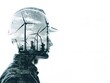 © jrgraphic_hunt - A double exposure photograph on engineer and windmills on a white background