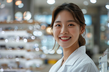 Wall Mural - Asian female ophthalmologist in white coat smiling with confidence in eyeglasses shop.