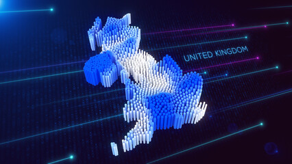 Wall Mural - digital 3d perspective dynamic rippling map of united kingdom in blue and white, set against dark fu