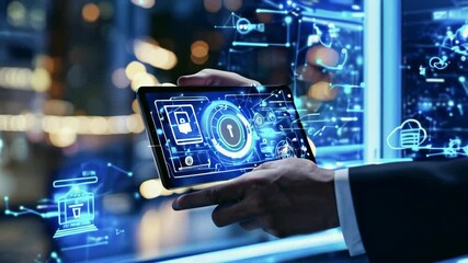 Poster - the future of technology. a virtual screen of the future with the inscription: iot. businessmen offe