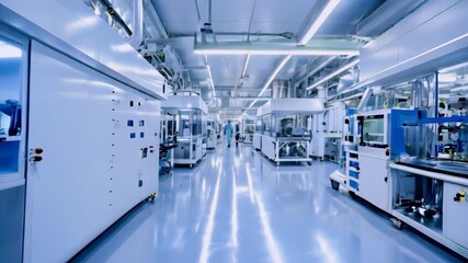 Poster - A wide shot of a bright advanced semiconductor production facility with a working overhead wafer transfer system