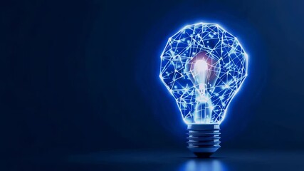 Poster - Bright polygonal connections on a dark blue background with an electric light bulb. Technology concept innovation artificial intelligence brainstorming business success.