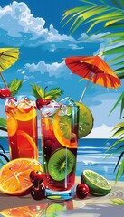 Aufkleber - Two colorful cocktails garnished with fruit and umbrellas sit on a beach with palm trees and ocean waves in the background. Generative AI