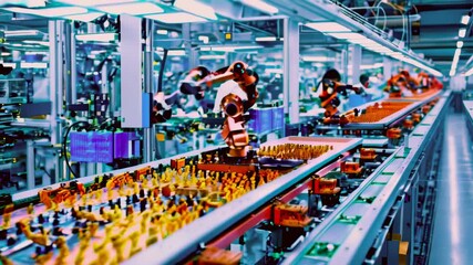 Poster - automated pcb assembly line. advanced high precision robot arms at electronics manufacturing factory