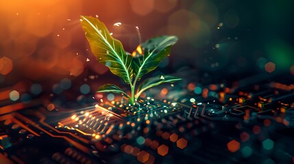 Poster - Futuristic image of a luminous plant growing on a microchip, representing digital ecology, with abstract blurred background