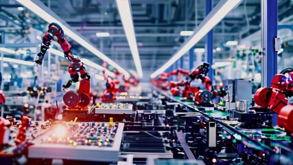 Poster - Timelapse of fully automated PCB assembly line equipped with advanced high precision robot arms at an electronics factory. Semiconductor production industry. Component installation on circuit boards.
