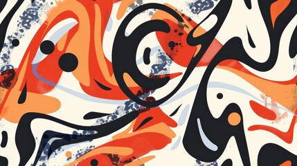 Poster - A digital illustration features swirling abstract shapes in shades of orange, black, and white. The artwork has a dynamic and energetic feel, with bold strokes and vivid colors