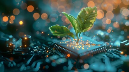 Poster - Futuristic image of a luminous plant growing on a microchip, representing digital ecology, with abstract blurred background