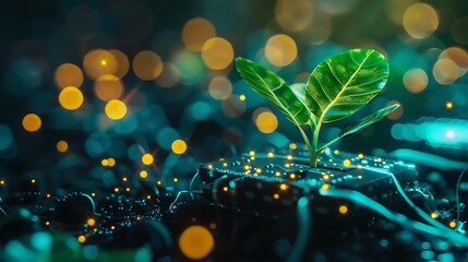 Poster - Futuristic image of a luminous plant growing on a microchip, representing digital ecology, with abstract blurred background