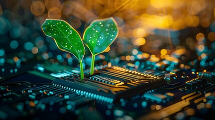 Poster - Glowing plant sprouting from a computer chip on a circuit board, symbolizing digital ecology, with a blurred tech background