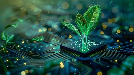 Wall Mural - Glowing plant sprouting from a computer chip on a circuit board, symbolizing digital ecology, with a blurred tech background