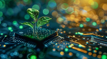 Poster - Glowing plant sprouting from a computer chip on a circuit board, symbolizing digital ecology, with a blurred tech background