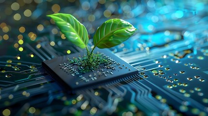 Poster - Radiant plant growing on a computer chip, conveying digital ecology business, with a blurred electronic background