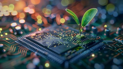 Poster - Glowing plant sprouting from a computer chip on a circuit board, symbolizing digital ecology, with a blurred tech background
