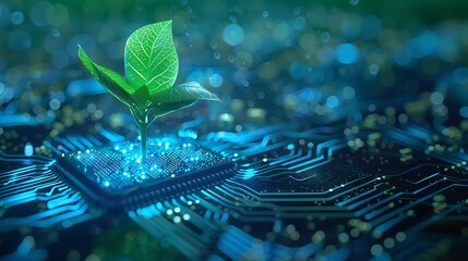 Poster - Radiant plant growing on a computer chip, conveying digital ecology business, with a blurred electronic background