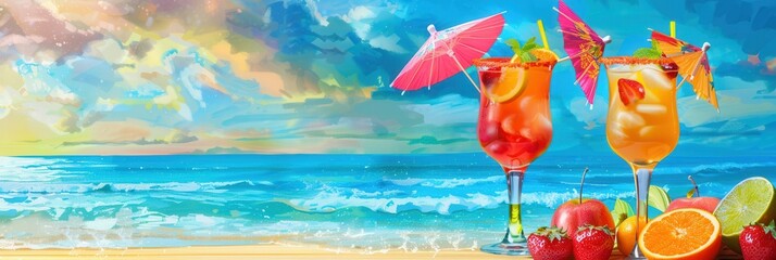 Aufkleber - Two colorful cocktails with fruit garnishes and umbrellas are on a beach under a sunny sky with a blue ocean and white waves. Generative AI