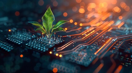 Poster - Radiant plant growing on a computer chip, conveying digital ecology business, with a blurred electronic background