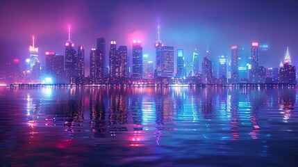 Sticker - Neon City Skyline with Reflection in Water - Digital Illustration